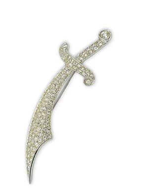 Vintage Hallmarked Kramer Clear Rhinestone Rhodium Plated Scimitar Sword Brooch